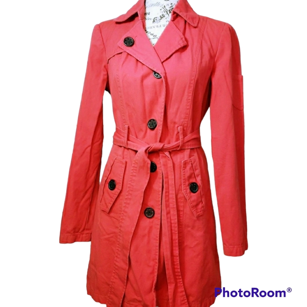 Volcom Red Denim Distressed Belted Trench Coat | Medium
